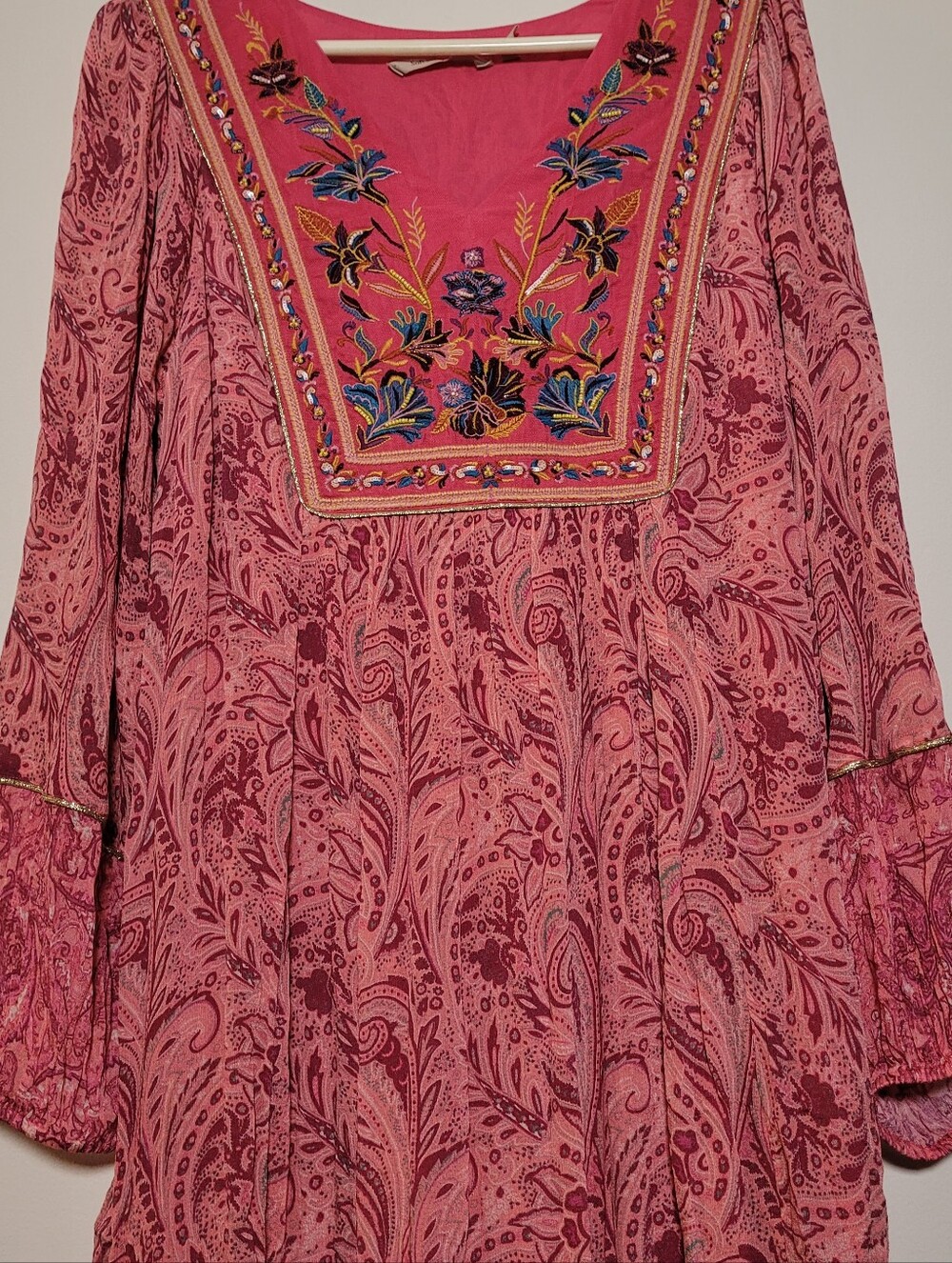 Soft Surroundings Maxi Dress Boho Floral Embroidered Beaded V Neck Large Cottage